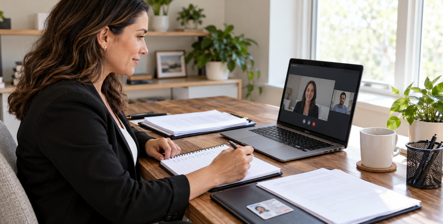 Commissioned notary preparing a laptop and documents before a remote session